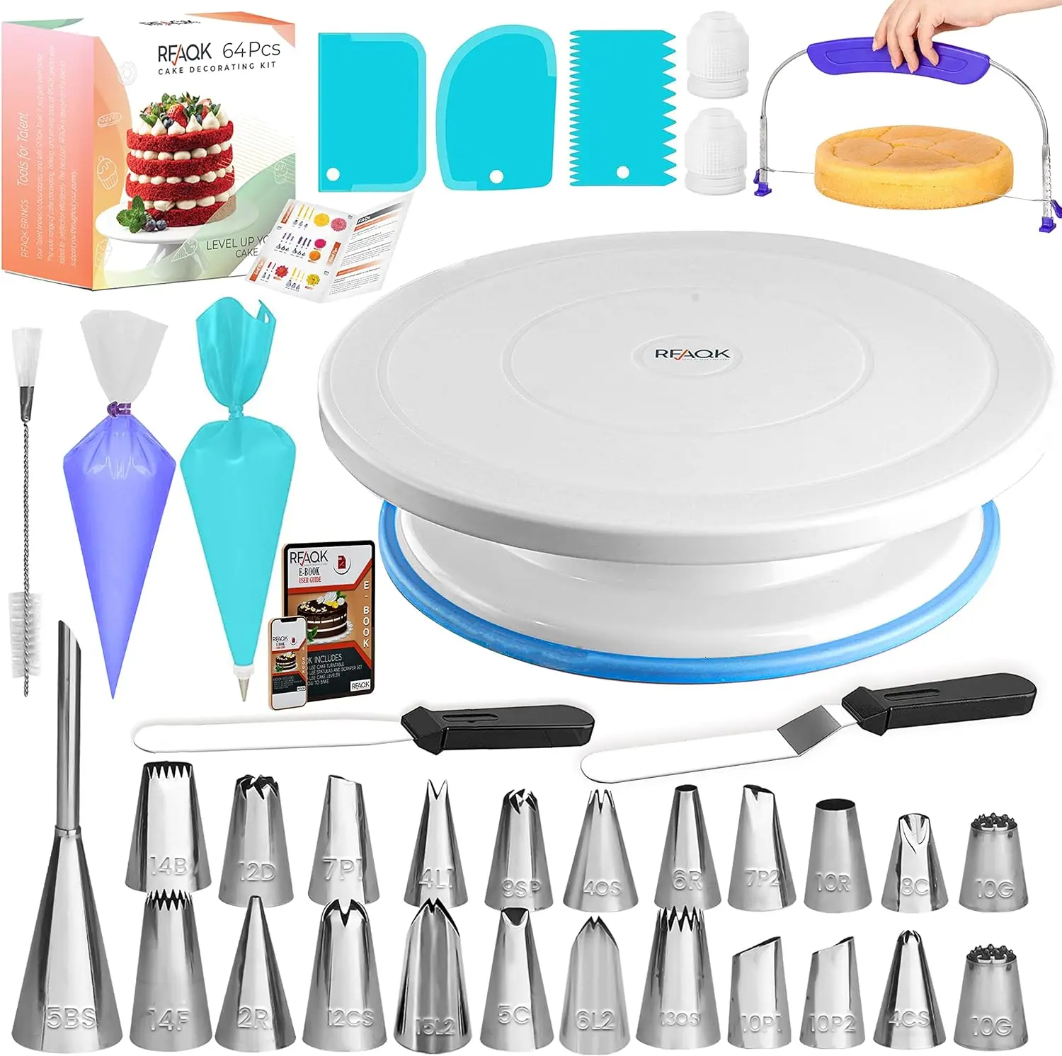64PC Cake Decorating Kit Cake set with Cake Stand, Piping Tips, Cake Leveler, Spatulas & Scrapers – Baking Tools Set for Cake & Cupcake Decorating