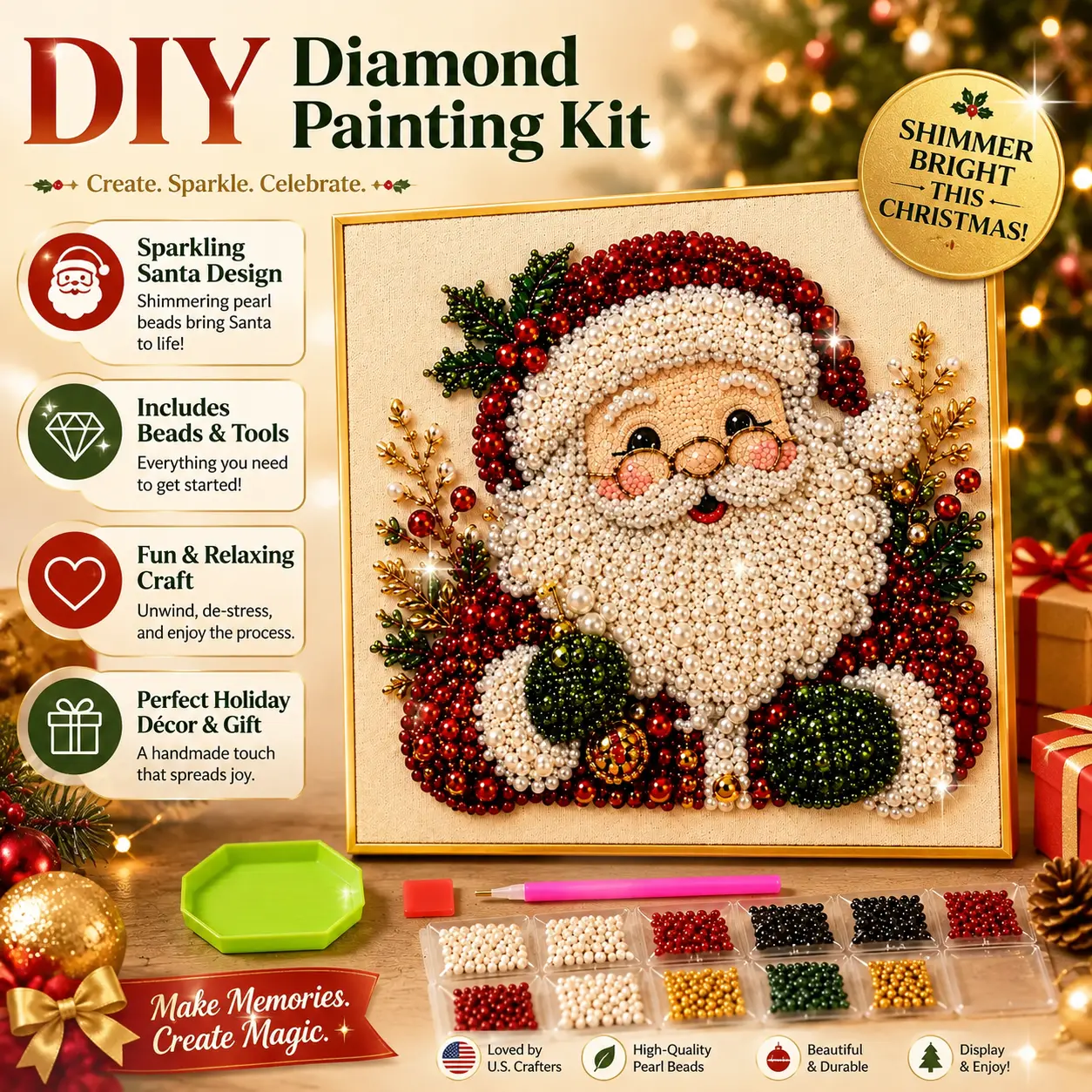 Frameless 3D Beaded Christmas Pearl Diamond Painting, Xmas Wreath Stocking Mosaic Art, Halloween Stress Relief DIY Home Wall Decoration