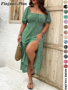 Plus Size Ditsy Floral Print Split Thigh Dress, Casual Puff Sleeve Tie Front Dress, Women's Plus Size Clothing for Summer Daily Wear