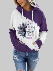Women’s Fashion Pullover Hoodies western ethnic style retro floral hooded pullover, purple and white flower letter pattern pullover, casual long-sleeved , winter clothes for women