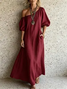 Women's Elegant One Shoulder Midi Dress Summer Loose Fit Silky Smooth Textured Pleated Long Dress Retro Minimalist Draped Vacation Dress
