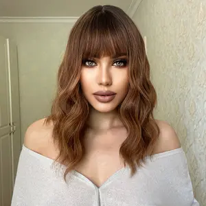 INSTYLE14 Inch  Brown Highlight Wigs for Women Short Wavy Curly Wig With Bangs Natural Looking Synthetic Hair Wigs Heat Resistant Fiber Wig for Daily Party