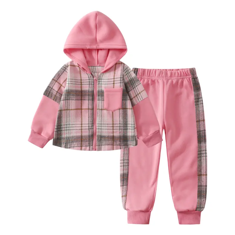 2-piece girls fall/winter pink fashion striped sports suit children's pink hooded sports coat elastic waist casual pants girls cute Joker daily children's wear Pajama Cozy