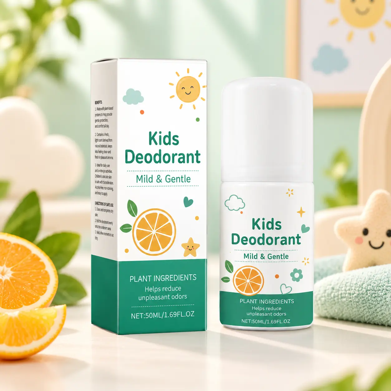 Kids’ Roll-On Deodorant, Vanilla & Citrus Scent, Gentle Quick-Drying Formula with Glycerin & Vitamin E for Boys and Girls, 50 mL