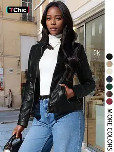 Giolshon Women's Vintage PU Jacket for All Seasons, Casual Fitted Outdoor Commute & Date Wear, Stylish Plaid & Plain Designs