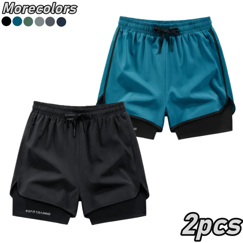 Men’s quick-dry two-piece shorts set with a faux two-layer design; inner anti-exposure tight lining, highly elastic and breathable to prevent sweat buildup—ideal for everyday athletic wear.