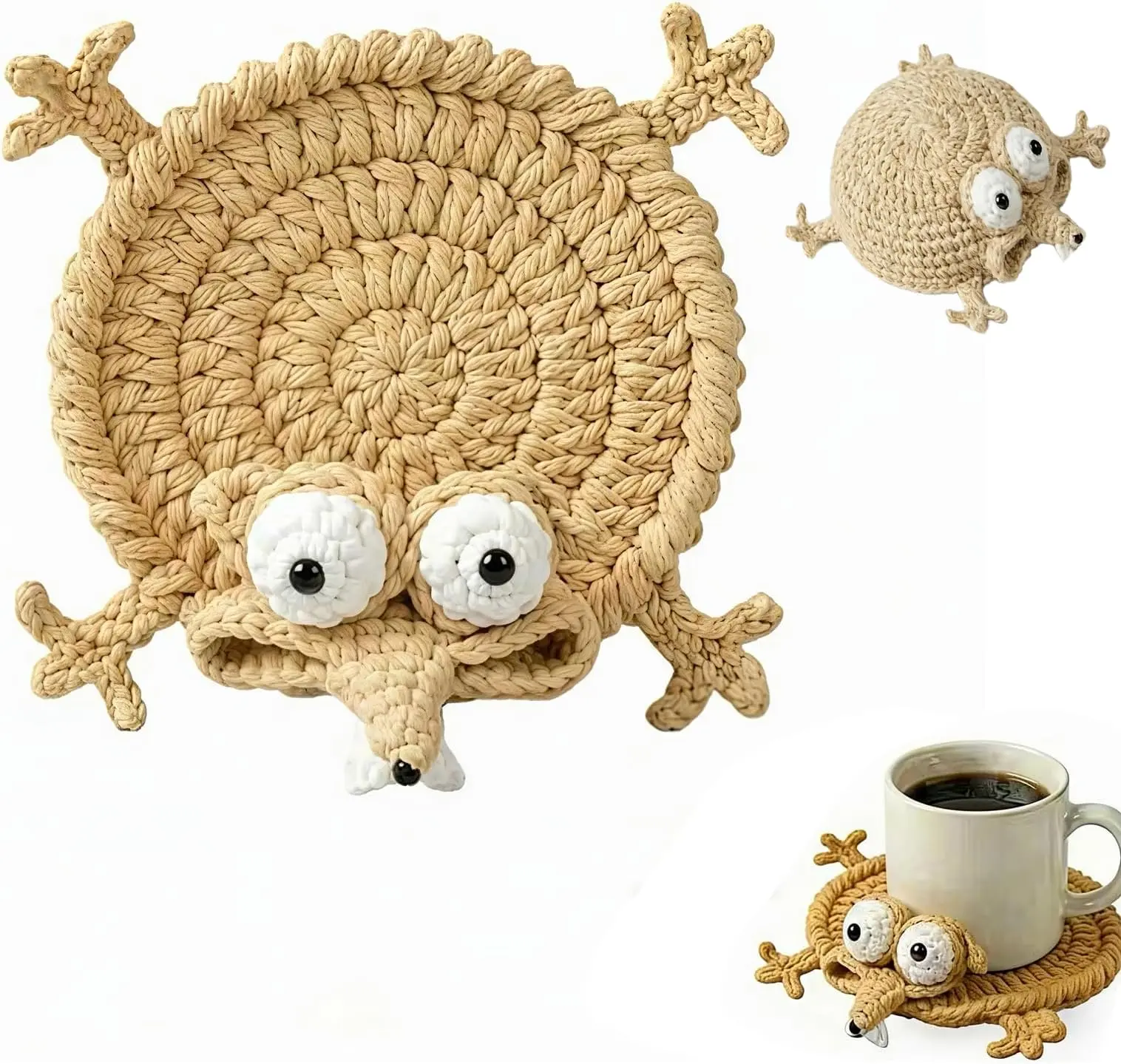 Funny Crochet Lizard Coaster, Handmade 3D Animal Mug Rug Cute Drink Mat | Funny Lizard Drink Coaster, Whimsical Crochet Table Accessory birthday gift