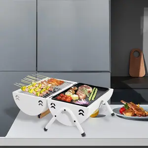 Portable Charcoal Grill Barbecue Grill Folding Set Double Sided +Barbecue Pan Net+6PCS Tools for Outdoor Camping BBQ Grilling Backyard Party Cooking Chimney Tabletop Grill & Grilling White