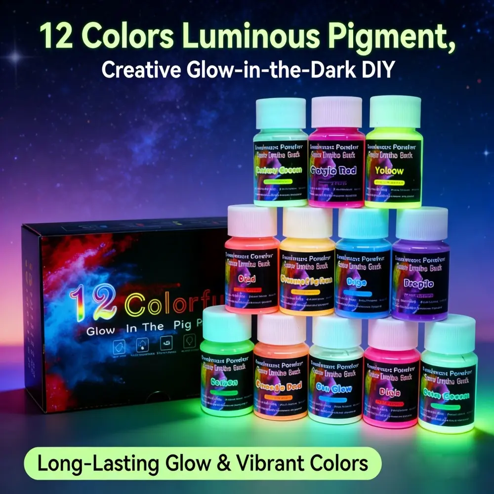 12 Pcs/1set Mica Powder Set, Ideal for Epoxy Resin, DIY Crafts, Art Supplies, Artist Supplies, Art Materials, Paints, Glue, Halloween Decor, Night Running, Bar Art Glow-In-The-Dark Paint, Luminous Pigment, 20g Per Bottle