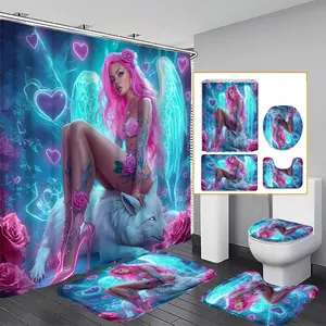 1/3/4PCS Fantasy Wolf Shower Curtain set, Neon Pink Blue Bathroom Decor, Accessories with Bath Mat, U-shaped Mat, Toilet Lid Cover, 12 Hooks 180x180cm Curtain, Mystical Wildlife, Home Decor, bathroom accessories.