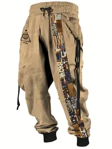 Personalized men's ankle tied casual pants! Khaki base color paired with mysterious triangular eye totem, colorful geometric stitching on the sides, drawstring design, comfortable and fashionable, unlocking new street trends! Menswear