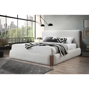 [Bellemave]Boucle Upholstered Platform Bed | Walnut Finish | Wooden Frame | No Box Spring Needed