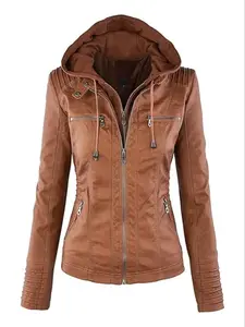 Women's Faux Leather Motorcycle Jacket, Hooded Riding Wind Design, Full Zip Pleated Coat, Casual Warm Top, Fashionable Outerwear