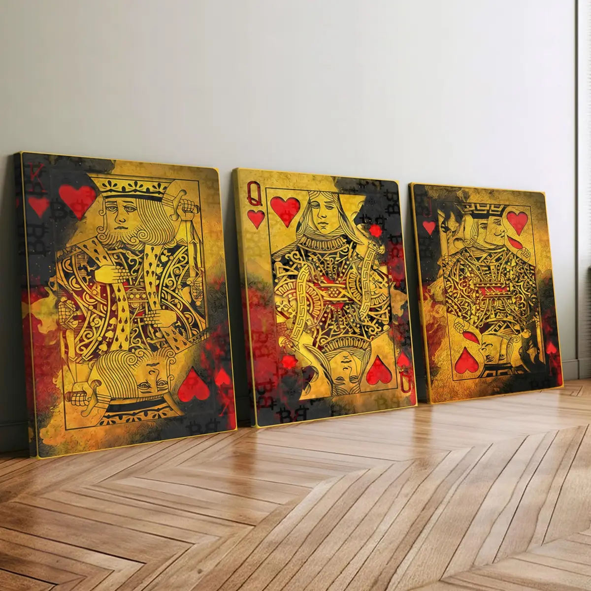 3 count wooden frame canvas, retro black gold hearts poker poster, fashion art deco, modern family poster, exquisite wooden frame painting, suitable for living room corridor wall decoration, printing, waterproof, art