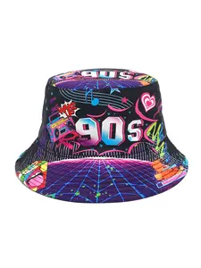 Vintage Hip-Hop 80s 90s Digital Print Bucket Hat - Lightweight, Relaxed Feel Fisherman Hat for Men and Women, Ideal for Parties and Outdoor Activities, Perfect Gift, Machine Washable Polyester, Everyday Headwear, Vibrant Print Hat, Durable Headgear