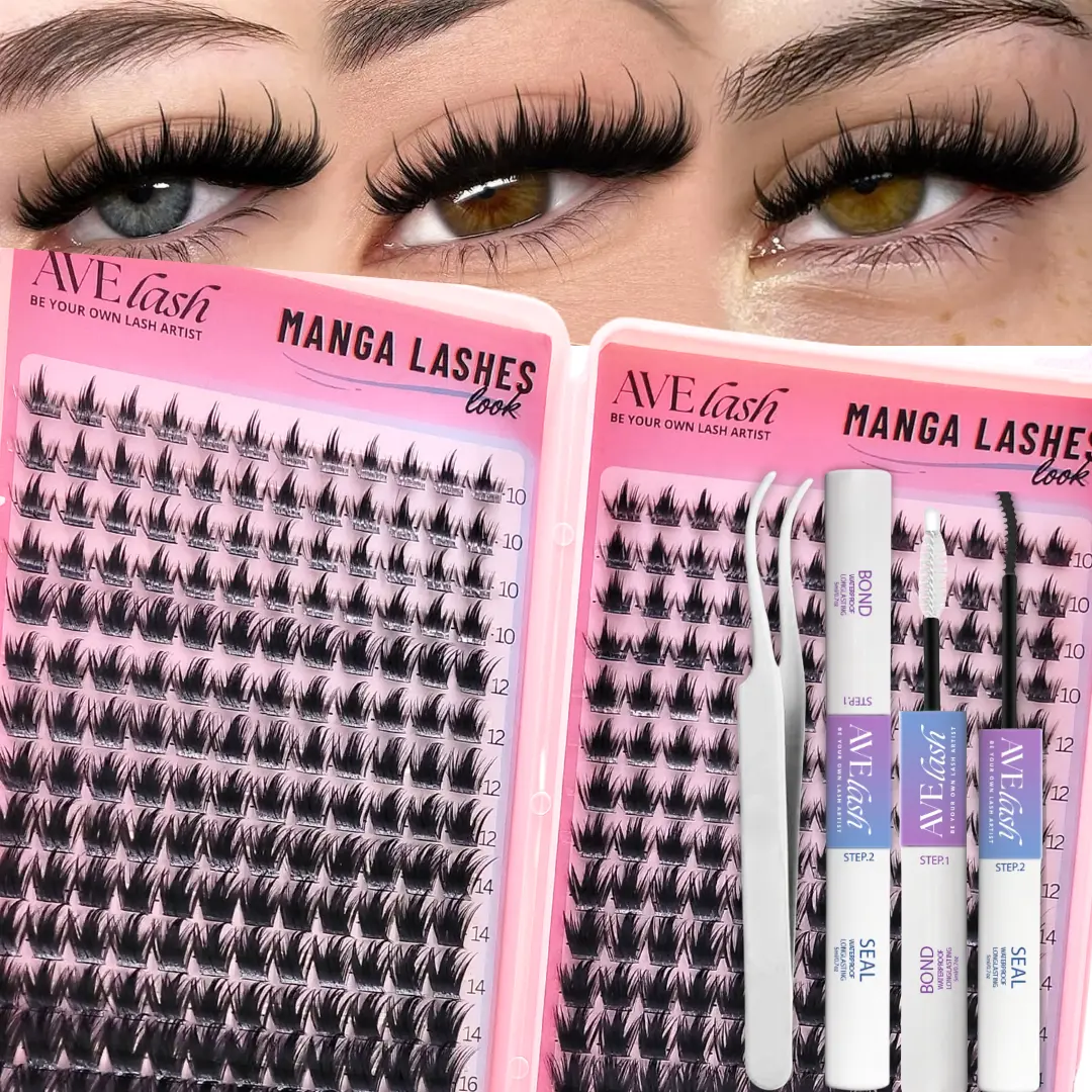 AVELASH Manga Eyelash Clusters Makeup Kit - California Sunset Fluffy Clusters Lashes, CC Curl 10-16mm Doll-Fairytale Individual Lash Extensions, 320-Pcs Cosplay Cosmetic Set