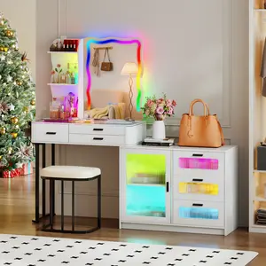 Miu Vanity Set with 7-Color RGB Lights, Wireless Charging, HD Mirror, 8-Drawer Chest & Big Storage Furniture Organizing - Modern Design Adjustable Brightness