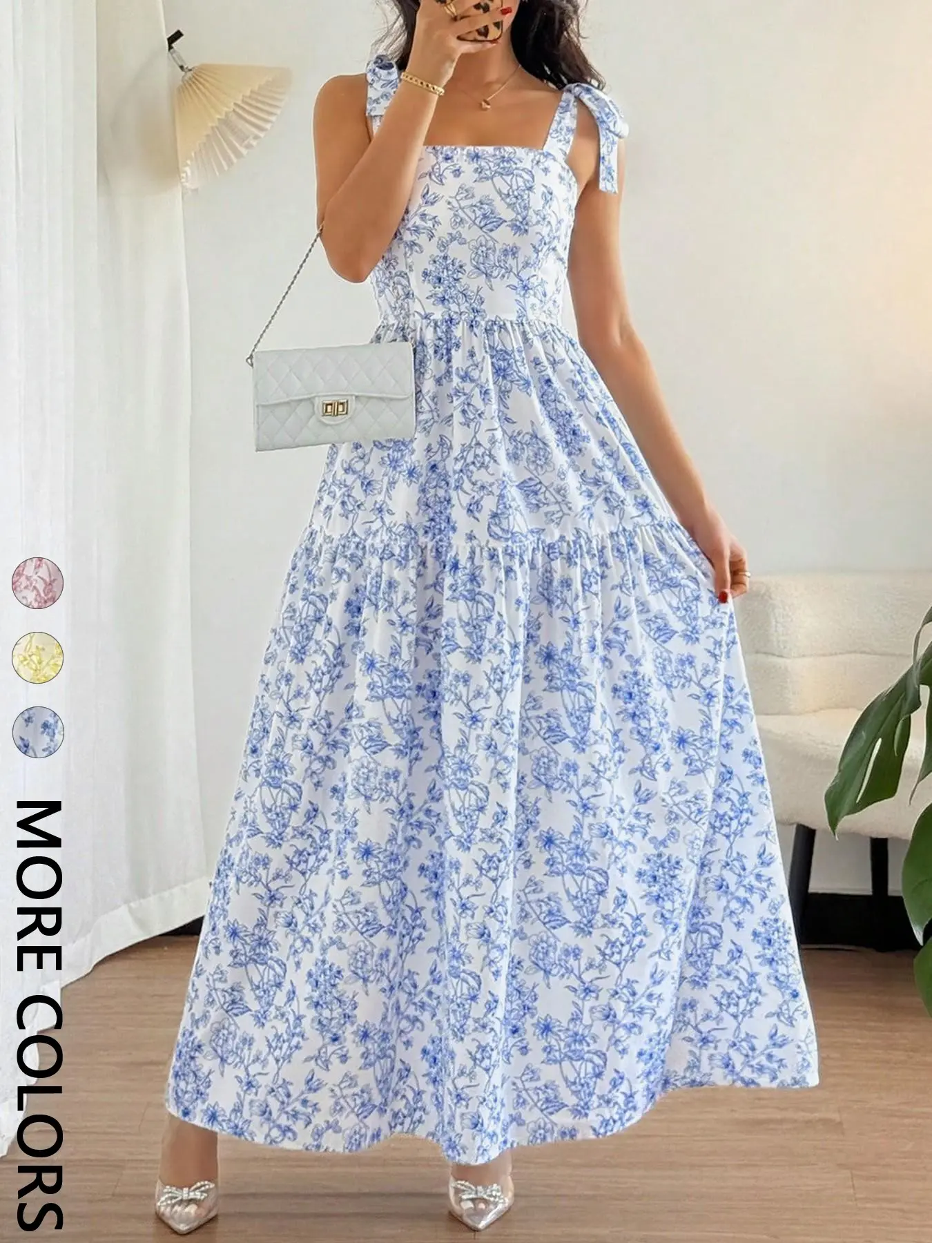1 Spring Summer Blue Floral Boho Tie Shoulder Maxi Dress Women | Smocked Back Tiered Flowy Long Dress | Coastal Granddaughter Old Money Style for Vacation Wedding Guest Brunch