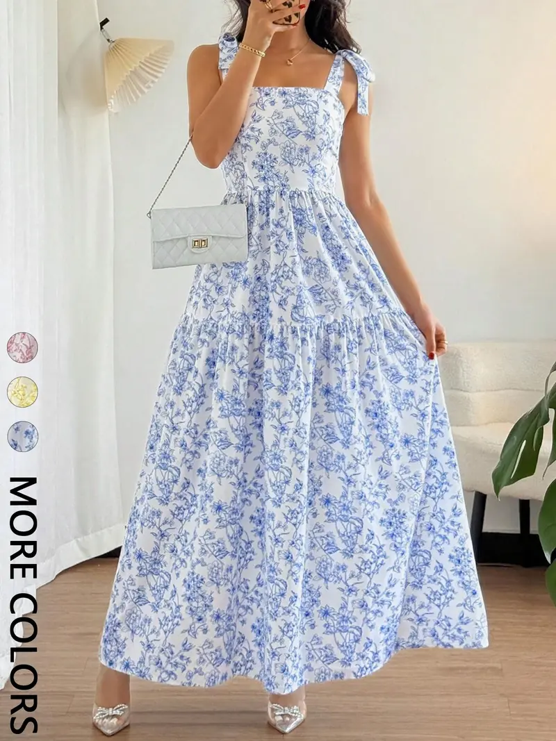blue and white flowy dress Zapakasa Women White Blue Flower Bridesmaid Dress with Ruffles A Line  Spaghetti Straps Long Tulle Wedding Guest Dress