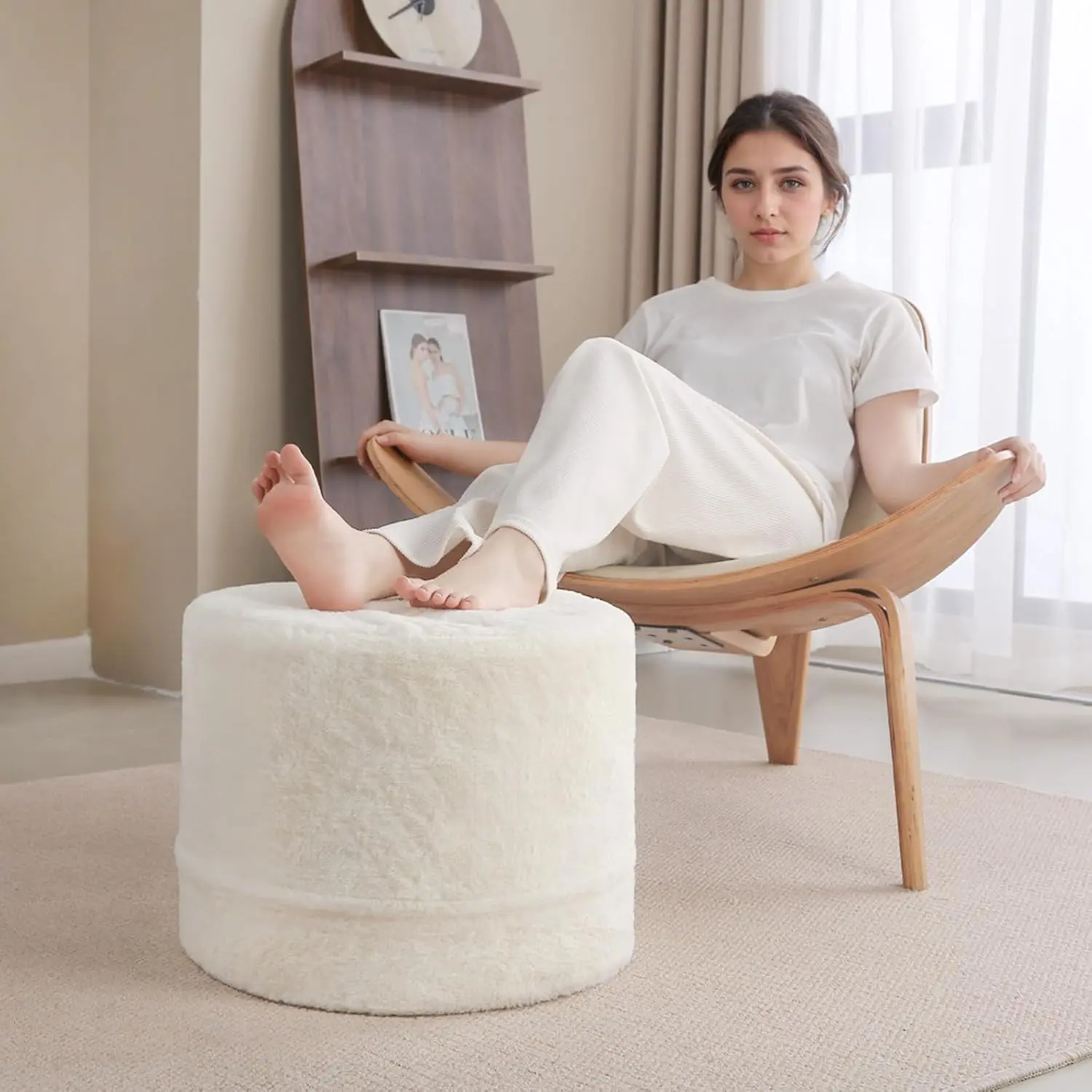 Round and Square Foam Chunk-Filled Plush Stuffed Pouf Ottoman, Soft Padded Footrest Stool for Modern Living Room, Soft Padded Footstool Floor Pouf