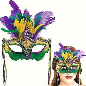 PrimPick Artificial feather masquerade ball mask, female Venice party mask, carnival parade mask, Halloween/Christmas/annual party/masquerade ball mask