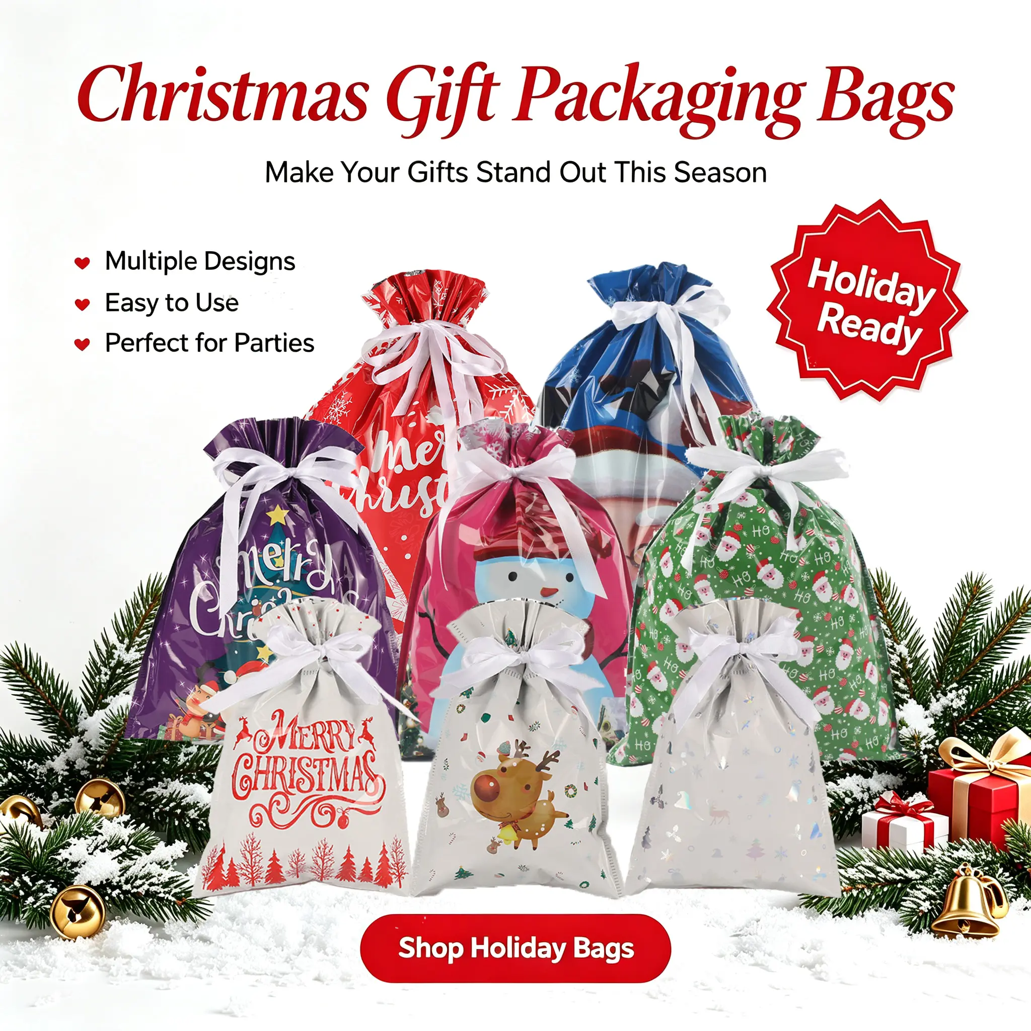 24PCS Christmas Gift Bags Drawstring Reusable Holiday Wrapping Bags Assorted Sizes Small Medium Large Xmas Present Bags with Gift Tags