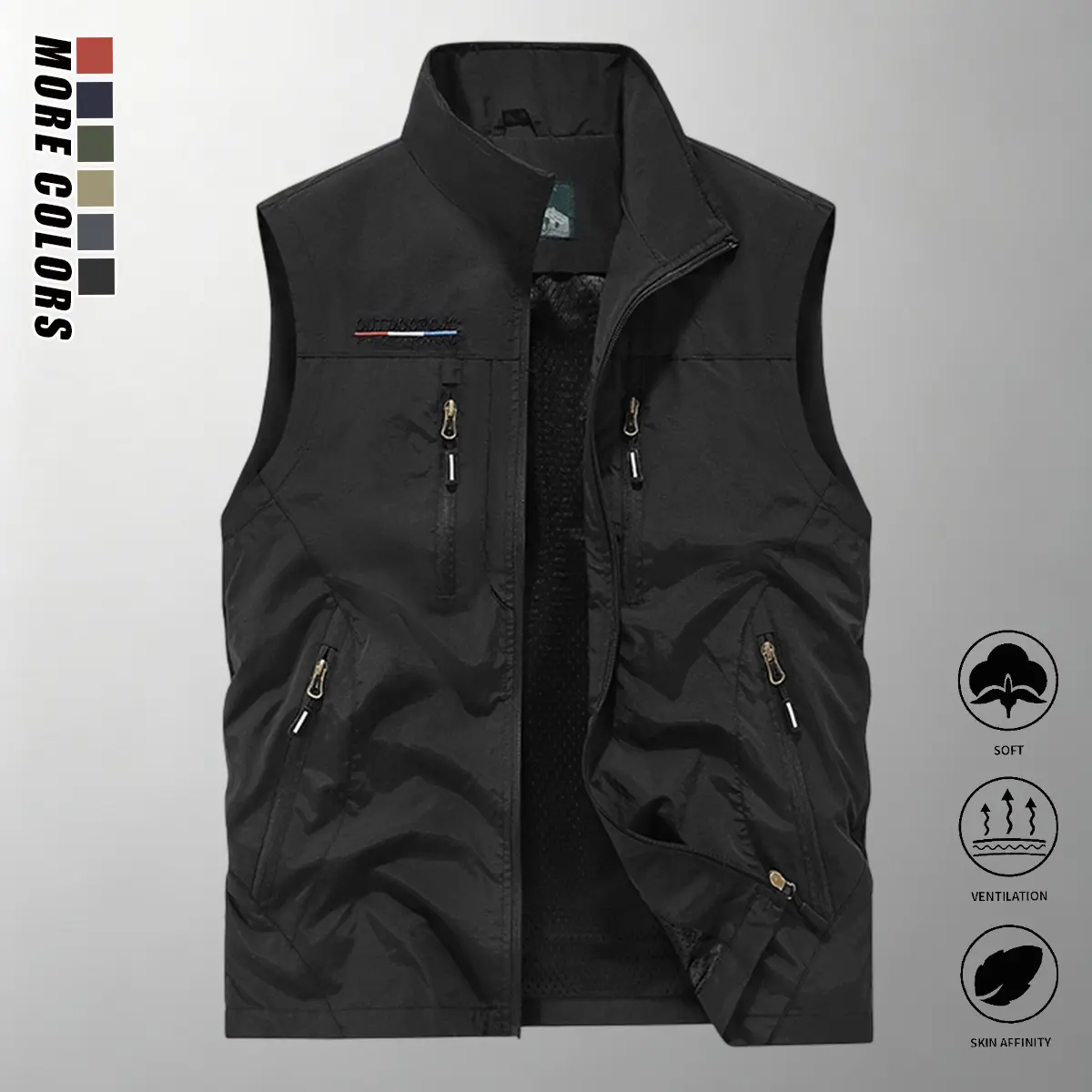 Men'S Multi-Pocket Quick-Dry Vest, 1pc, Nylon Wear-Resistant Sleeveless Stand-Up Collar, Suitable for Mountaineering, Photography, Fishing, Daily Outdoor Use, Multi-Pocket Cargo Vest, Outdoor Casual Vest