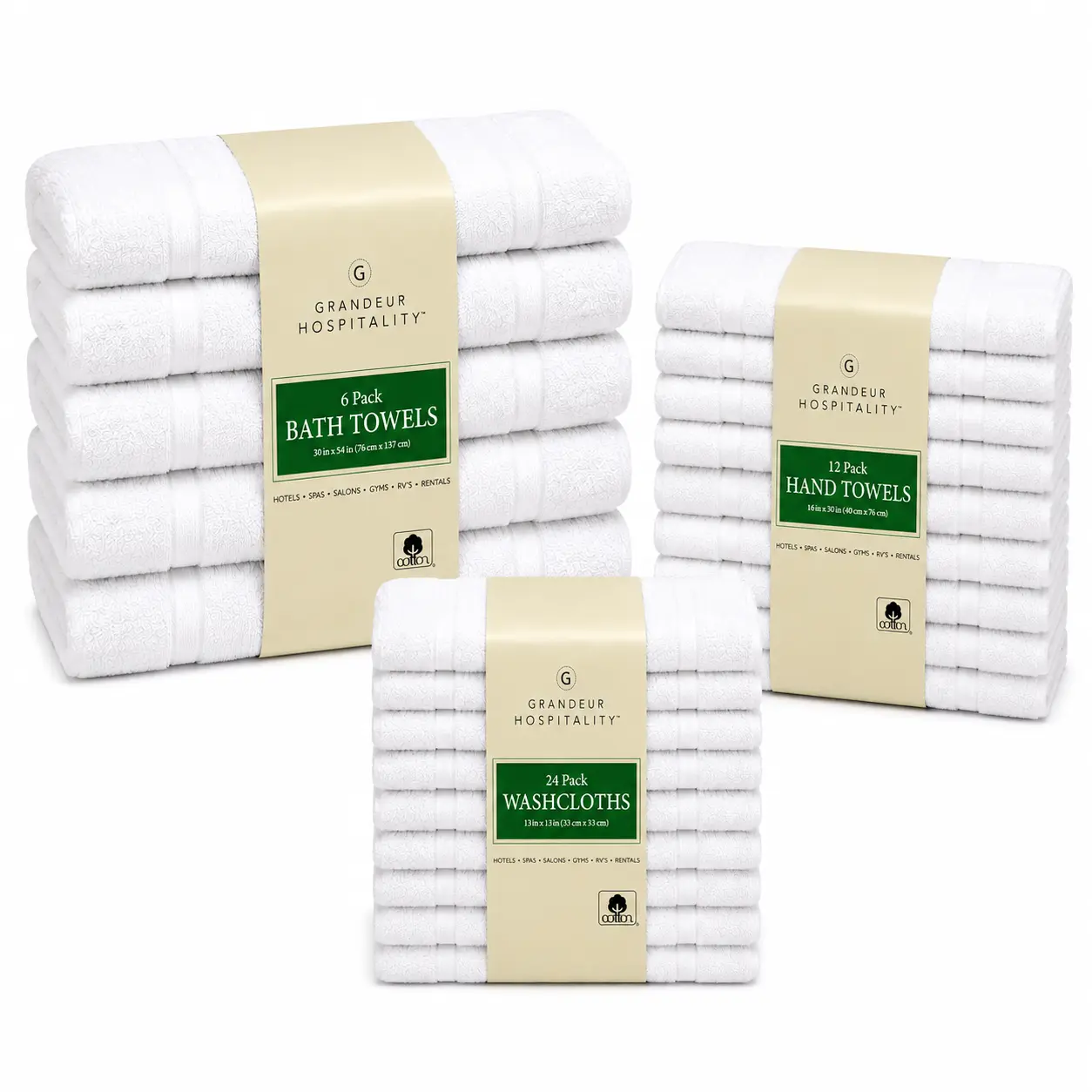 Grandeur Hospitality White Cotton Towels, Bath Towels, Hand Towels & Washcloths, Commercial Hospitality Collection