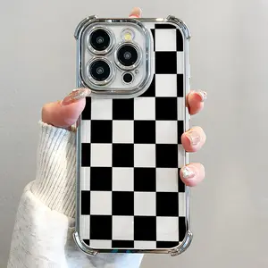 Black Checkered Pattern Phone Case Electroplated Cover with Airbag Shockproof Slim Soft TPU Cover for iPhone 17 Pro Max Phone Case 17 Air 16 E 15 Plus 14 13 12 11 X XS XR, Samsung Galaxy S22 S23 S24 S25 ULTRA FE Plus  Stylish Durable Smartphone Protection