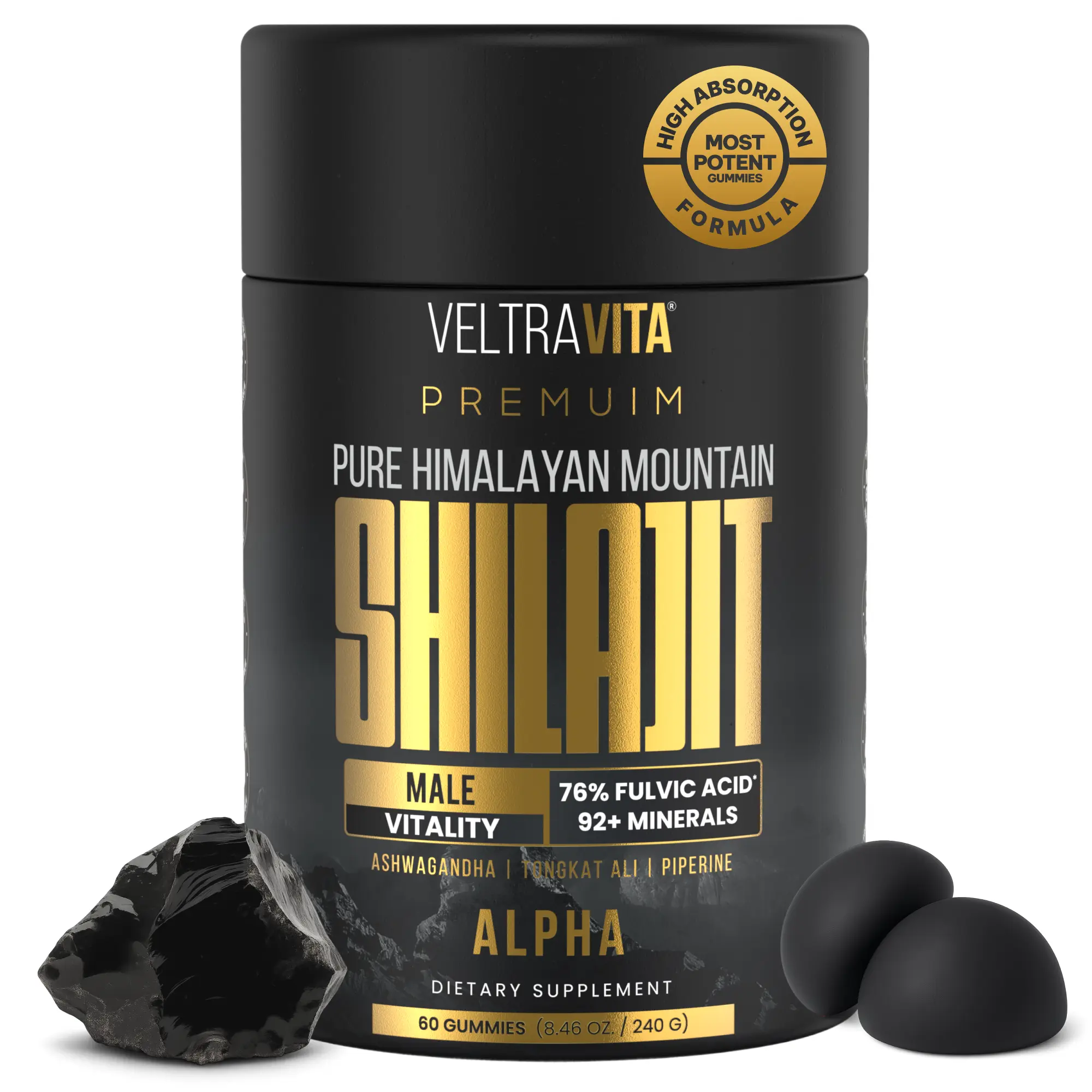 VELTRAVITA Alpha Shilajit Gummies for Men, Pure Himalayan Shilajit, KSM-66 Ashwagandha, Tongkat Ali, Korean Red Ginseng, 76%+ Fulvic Acid & 92+ Trace Minerals, Vegan, Sugar Free