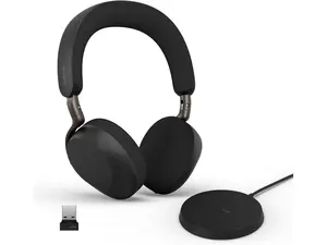 Jabra Evolve3 75 On-Ear Wireless Bluetooth Headset with Mic and Wireless Charging Stand for Work, USB-A, AI Voice Call Technology, Advanced ANC, 22-Hour Battery, Works with Online Meeting Apps, Black