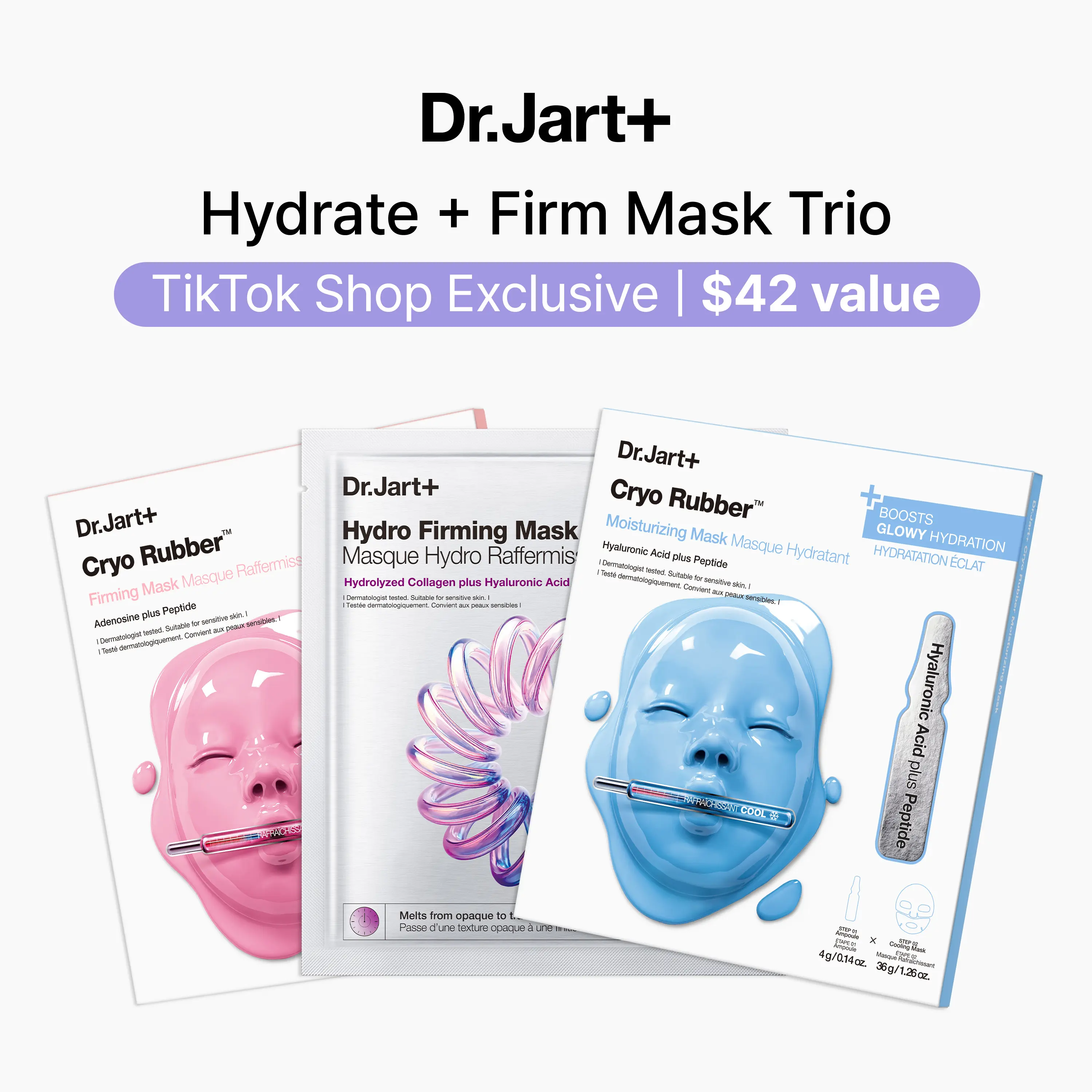 Dr.Jart+ Hydrate + Firm 3 Piece Mask Set | Hydrate, Cool, Plump After 1 Use | Korean Skincare Bestselling Face Masks
