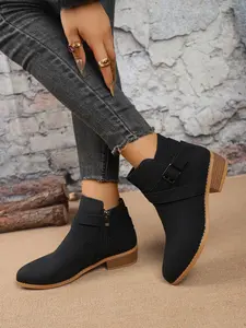 Women's Fashion Stylish Buckle Western Ankle Boots, Classic Casual Comfortable Thick Heel Rubber Elegant Shoes, Winter Warm Daily Wear Gift