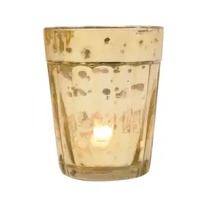 Vintage Mercury Glass Candle Holder (3.25-Inch, Katelyn Design, Column Motif, Gold) - For Use with Tea Lights - Home Decor and Wedding Decorations
