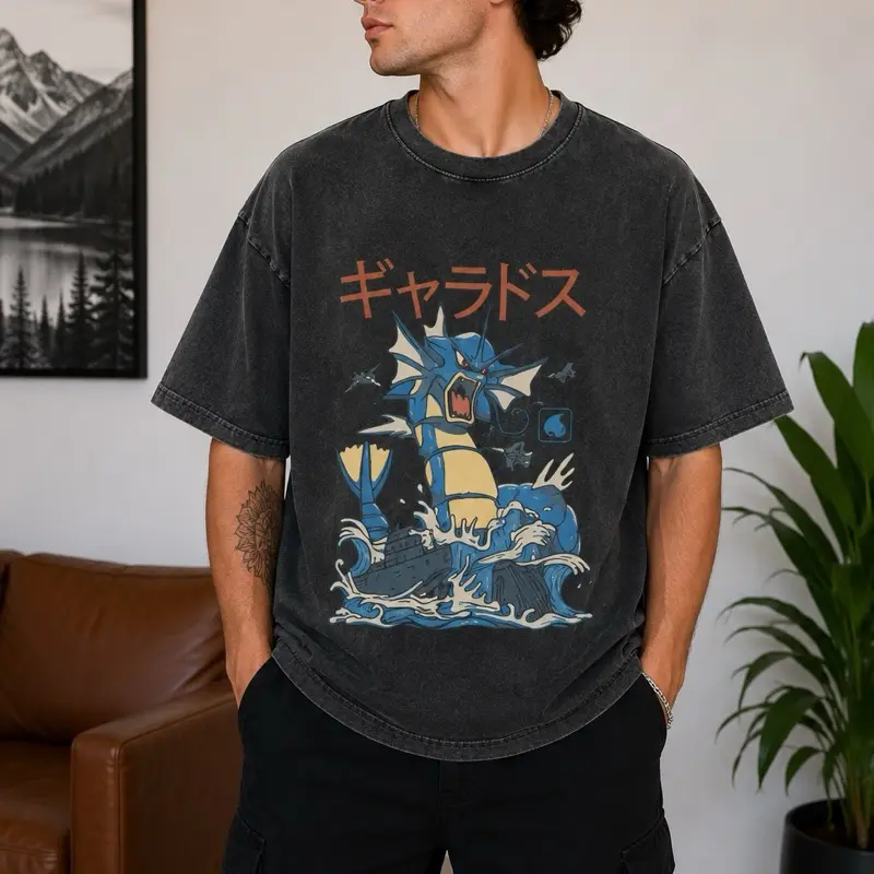 Gyrados Eevee Anime Japanese Mineral Wash T-Shirt, Oversized, Graphic Tee, Gifts for Him, Father's Day, Birthday, Christmas Gifts Crewneck Menswear