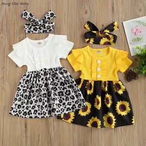 Cute and stylish two-piece dress and headband set for girls - ribbed knit top with ruffled sleeves, leopard/sunflower print skirt, adorable infant set (1-5 years old)
