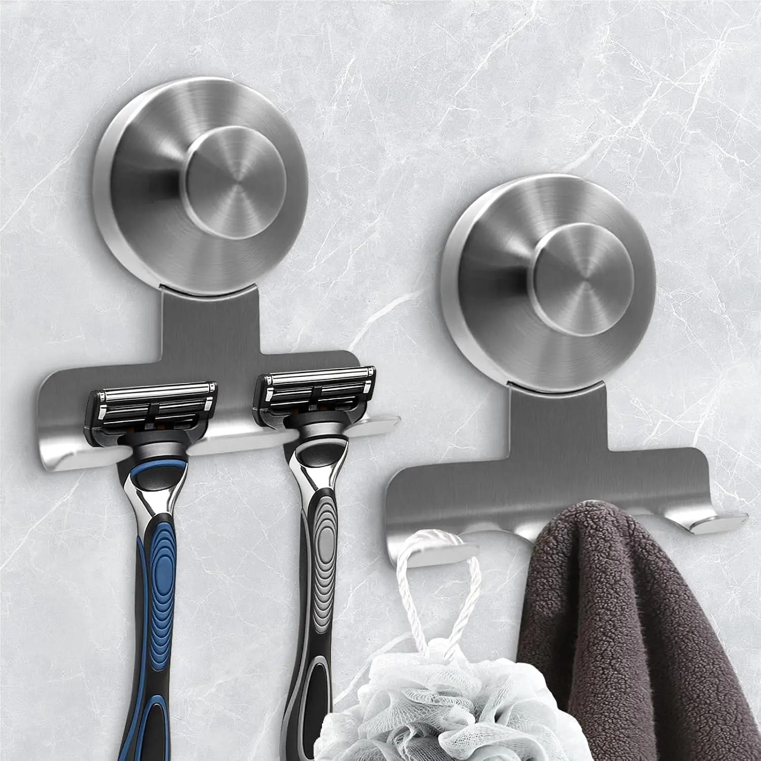 Suction Cup Razor Holder for Shower,Heavy-Duty 7KG Suction Hooks for Razor,Towel,Loofah,Removable Damage-Free Metal Shower Hook,Shaver Holder,2 Pack