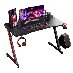 【Black Friday】Furmax X 44 Inches Z Shaped Computer Gaming Desk Carbon Fiber Surface Desk with Cup Holder & Headphone Hook, Black