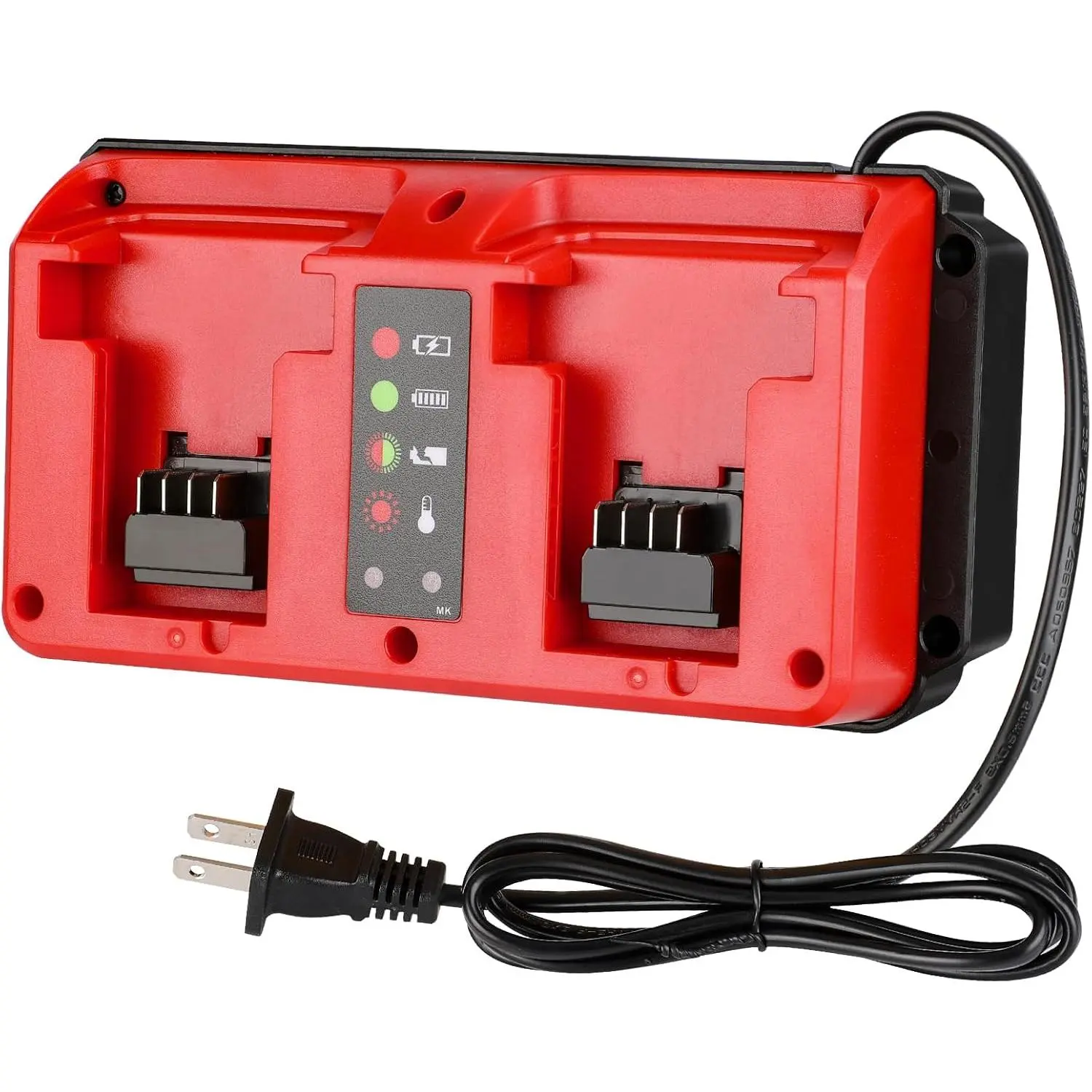 18V Dual-Port Battery Charger Station for Milwaukee M18 18V Batteries, Mini Multi-Voltage Charger with Lightning Protection, Red and Green Lights Flashing & Solid Red Indicators, 100-240V Input, Fast Flashing Red
