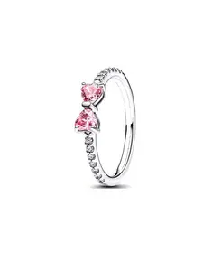 Heart Bow Ring, Double Heart Stones, Tiny Clear Crystals, Dainty Everyday Wear, Sparkly Centerpiece Jewelry