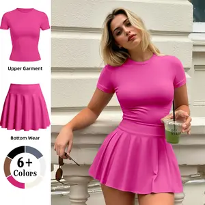 Women's Casual Fashionable Sports Top & Skirt 2pcs Set Short Sleeve Crew Neck High Stretch Polyester Fabric Machine Washable Perfect for Spring Summer Outdoor Wear