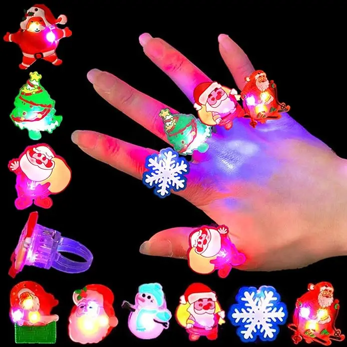 50 PACK Christmas LED Rings Glow in the Dark Party Favors Light Up Rings Perfect for Gifts with Santa Tree Snowflake Designs