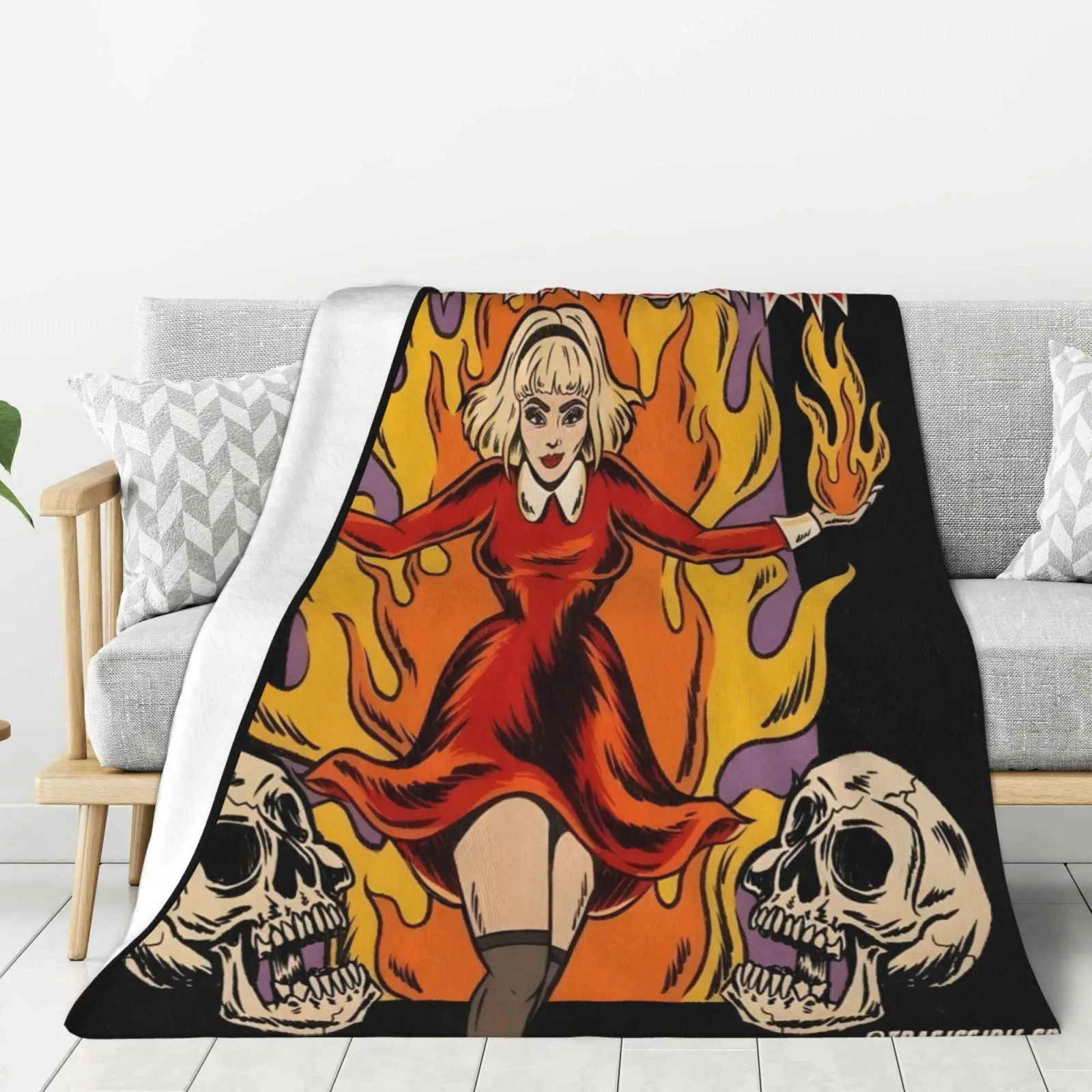 Anime Sabrina Spellman Flame Graphic Print Blanket, Ultra Soft Lightweight Warm Camping Sleeping Gear for Couch, Travel, All Seasons