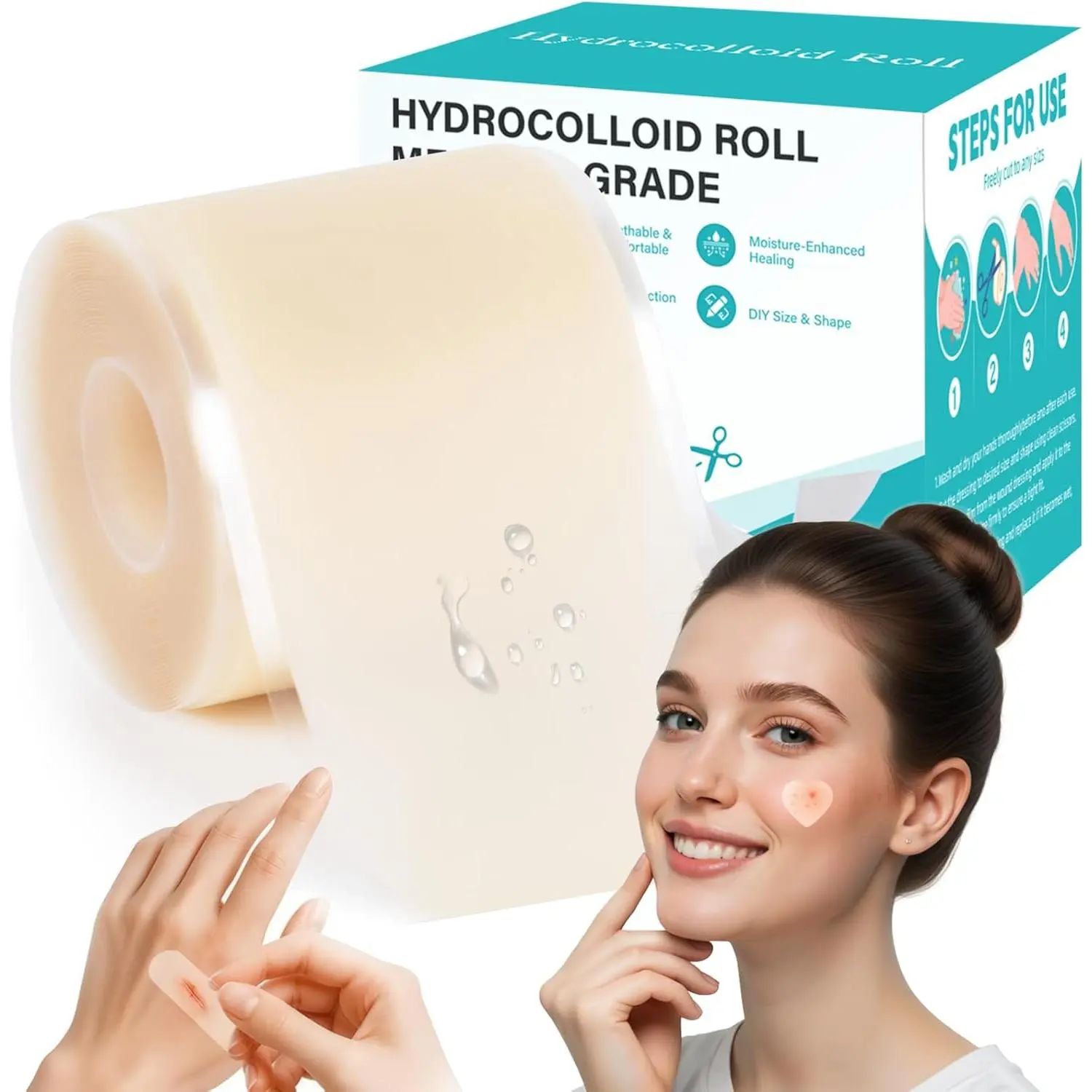 Hydrocolloid Roll for Wound Care & Acne Treatments, 2in*16.5ft Extra Large Self-Adhesive Patches, Ultra-Absorbent, Flexible, Waterproof DIY First Aid Kit Supplies (Patches Acne Treatments Included), Hydrocolloid Acne Treatments