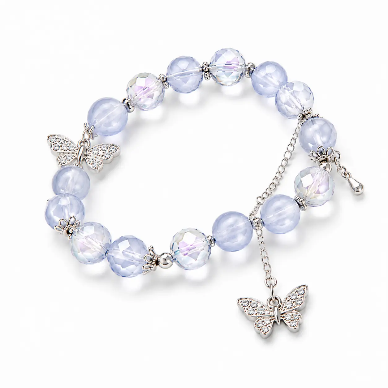 Light Blue Iridescent Beaded Butterfly Charm Bracelet, Adjustable Silver-Tone Dangle Bracelet for Women, Cute Y2K Jewelry Gift