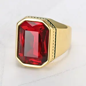 Men's fashion ring, stainless steel design with prominent red stone ring face, luxurious and elegant style for men to wear every day, as a gift for boyfriend