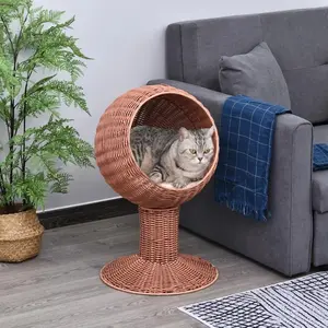 Elevated Rotatable Egg Chair Pod with Thick Cushion Natural Mat Grass Woven Washable Orthopedic Bed for Cats Dogs and Humans Outdoor Pet Lounge with Roof Waterproof
