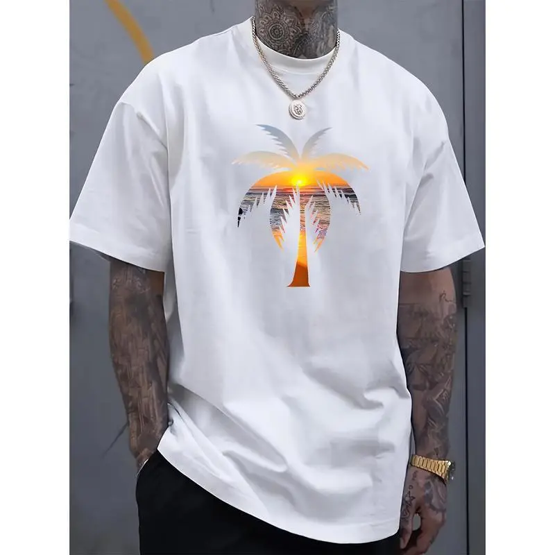 Men's T-Shirt with Tropical Sunset Print, Lightweight Cotton Short Sleeve Round Neck Regular Fit Streetwear Top for Summer, Shortsleeve, Tshirt, Menswear, Cotton Blend, Casual, Dtg Printing