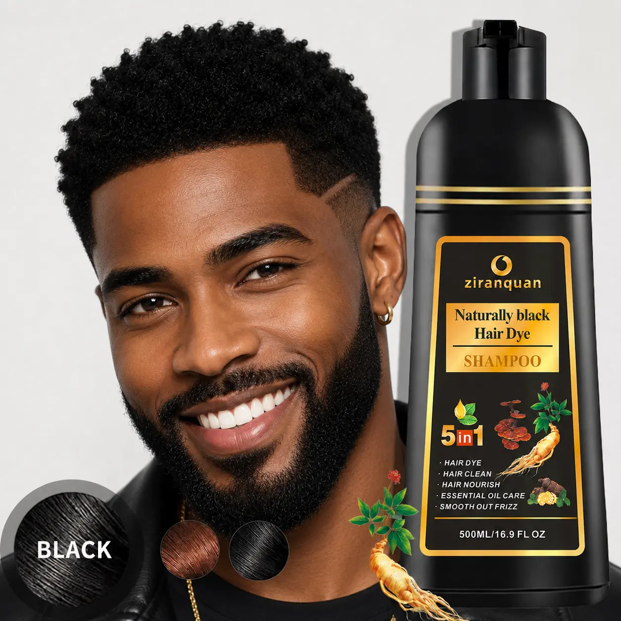 Natural Black Hair & Beard Dye Shampoo for Men Women - 5 in 1 Instant 10 Min 100% Gray Hair Coverage Shampoo Dye, Ammonia-Free Vegan Plant Herbal Color Depositing Shampoo with He Shou Wu Ginseng, Gentle At-Home Hair Dye Kit 16.9 fl oz