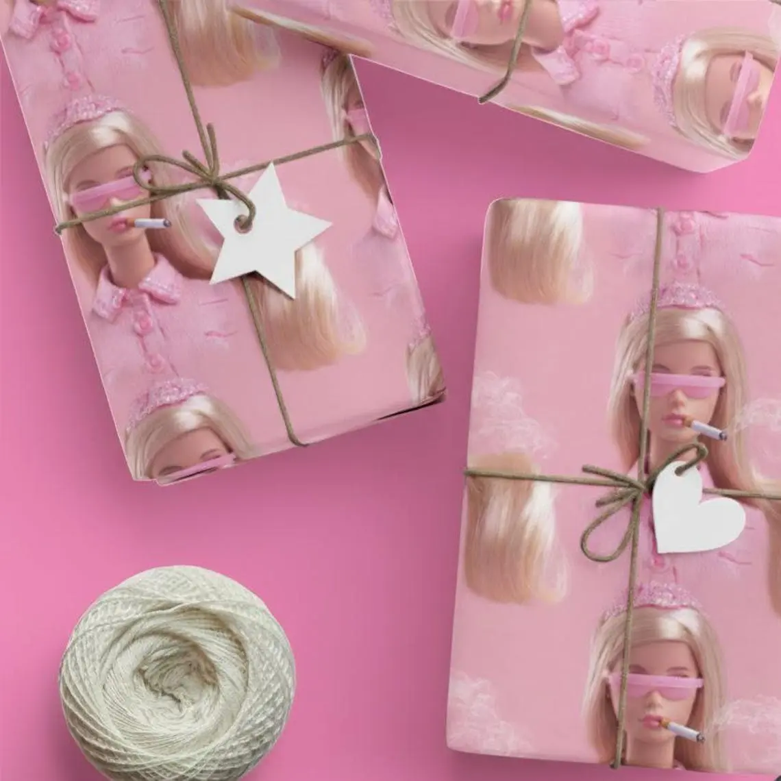 Doll Face Meme Wrapping Papers, Funny Doll Smoking Gift Wrap For Her, Ironic Internet Humor Wrapping Paper, Weird Doll Paper Roll, Gag Gifts